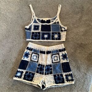 NWT Rebellion Again Crochet Shorts Set Crop Halter Tank Blue Ivory Medium Lined